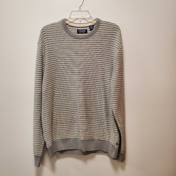 NWOT Chaps Sweater Crew Neck Heather Gray/White Striped Mens Size Large‎ NEW - Picture 2 of 12